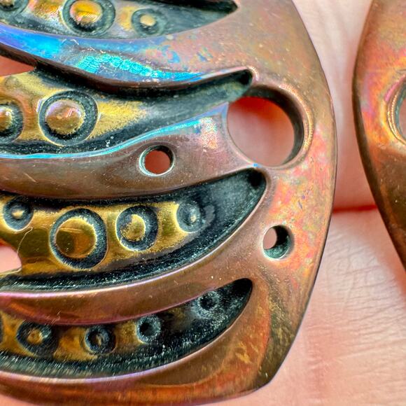 Artisan Flame Wing Earrings Handmade Heat Patina Burning Man Edgy Avant Garde - Picture 8 of 13